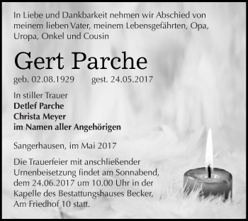 Traueranzeige von Gert Parche von Super Sonntag SGH Mansf. Land