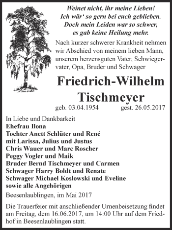 Traueranzeige von Friedrich-Wilhelm Tischmeyer von Super Sonntag Bernburg