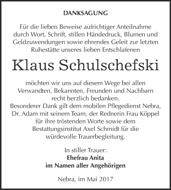 Traueranzeige von Klaus Schulschefski von WVG - Wochenspiegel NMB / WSF / ZTZ
