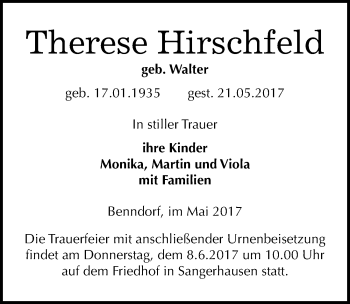 Traueranzeige von Therese Hirschfeld von Mitteldeutsche Zeitung Mansfelder Land
