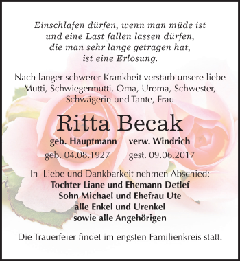 Traueranzeige von Ritta Becak von Mitteldeutsche Zeitung Weißenfels