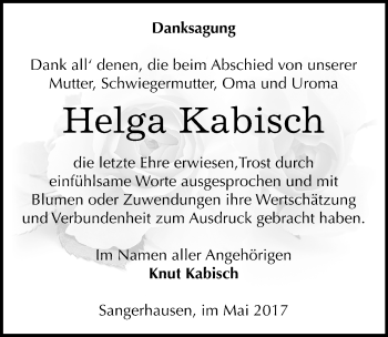 Traueranzeige von Helga Kabisch von Mitteldeutsche Zeitung Sangerhausen