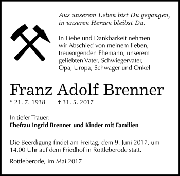 Traueranzeige von Franz Adolf Brenner von Mitteldeutsche Zeitung Sangerhausen