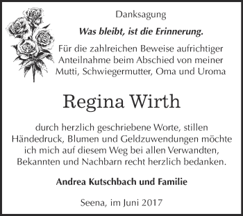 Traueranzeige von Regina Wirth von WVG - Wochenspiegel NMB / WSF / ZTZ