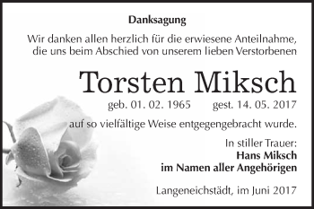 Traueranzeige von Torsten Miksch von WVG - Wochenspiegel Merseburg