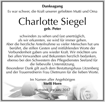 Traueranzeige von Charlotte Siegel von Mitteldeutsche Zeitung Mansfelder Land