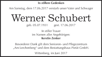 Traueranzeige von Werner Schubert von Super Sonntag Wittenberg