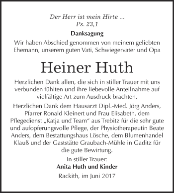 Traueranzeige von Heiner Huth von Super Sonntag Wittenberg