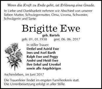 Traueranzeige von Brigitte Ewe von Mitteldeutsche Zeitung Aschersleben