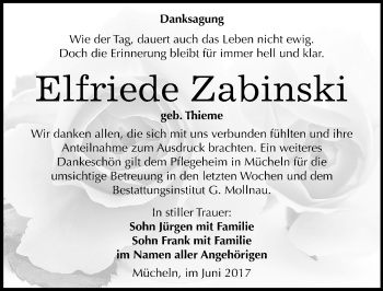 Traueranzeige von Elfriede Zabinski von Mitteldeutsche Zeitung Merseburg/Querfurt