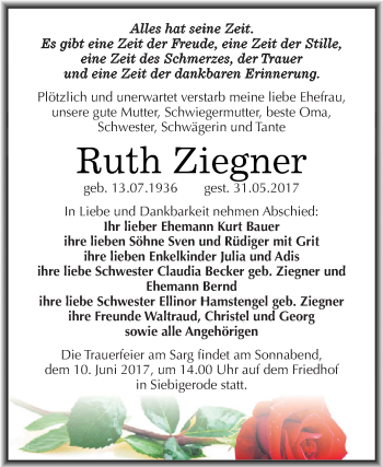 Traueranzeige von Ruth Ziegner von Wochenspiegel Mansfelder Land