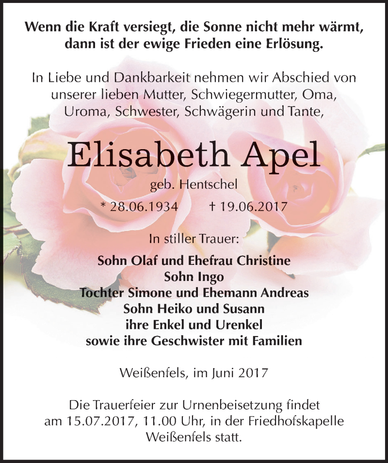  Traueranzeige für Elisabeth Apel vom 27.06.2017 aus Mitteldeutsche Zeitung Weißenfels