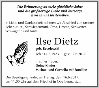 Traueranzeige von Ilse Dietz von WVG - Wochenspiegel Merseburg