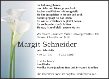 Traueranzeige von Margit Schneider von Super Sonntag Bernburg