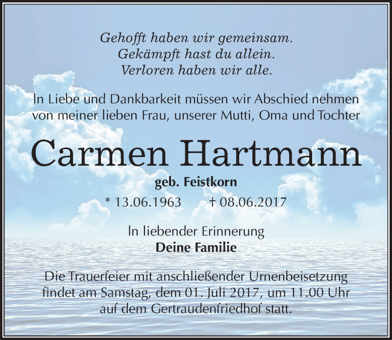  Traueranzeige für Carmen Hartmann vom 17.06.2017 aus Mitteldeutsche Zeitung Halle/Saalkreis