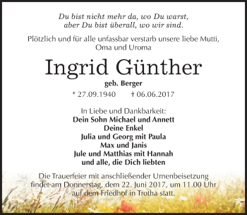 Traueranzeige von Ingrid Günther von Mitteldeutsche Zeitung Halle/Saalkreis