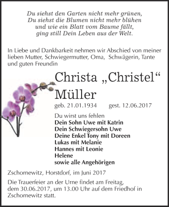 Traueranzeige von Christa Müller von WVG - Wochenspiegel Wittenberg