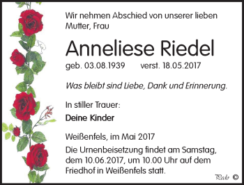 Traueranzeige von Anneliese Riedel von Mitteldeutsche Zeitung Weißenfels