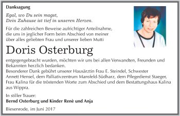 Traueranzeige von Doris Osterburg von Mitteldeutsche Zeitung Mansfelder Land