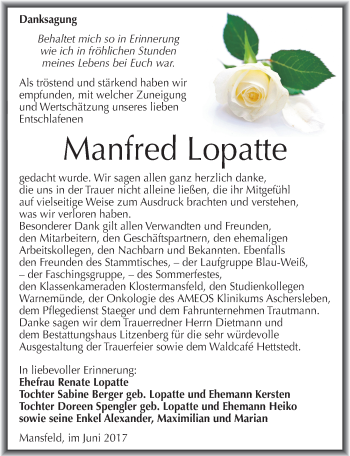 Traueranzeige von Manfred Lopatte von Mitteldeutsche Zeitung Mansfelder Land