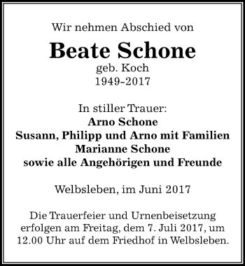 Traueranzeige von Beate Schone von Mitteldeutsche Zeitung