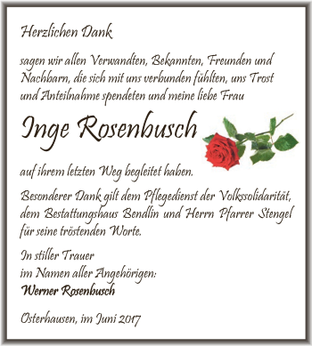 Traueranzeige von Inge Rosenbusch von Super Sonntag SGH Mansf. Land