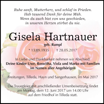 Traueranzeige von Gisela Hartnauer von Super Sonntag SGH Mansf. Land