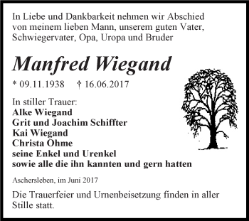 Traueranzeige von Manfred Wiegand von Super Sonntag Aschersleben