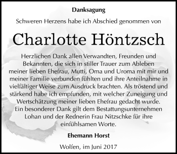 Traueranzeige von Charlotte Höntzsch von Mitteldeutsche Zeitung Bitterfeld
