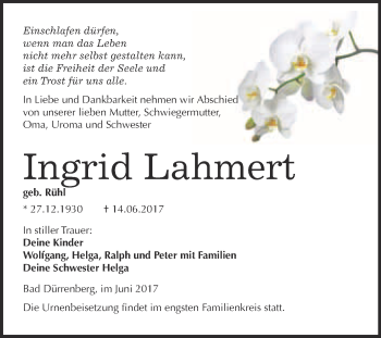 Traueranzeige von Ingrid Lahmert von Super Sonntag Merseburg