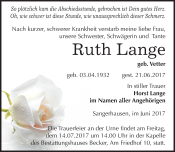 Traueranzeige von Ruth Lange von Mitteldeutsche Zeitung Sangerhausen