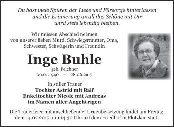 Traueranzeige von Inge Buhle von Super Sonntag Bernburg