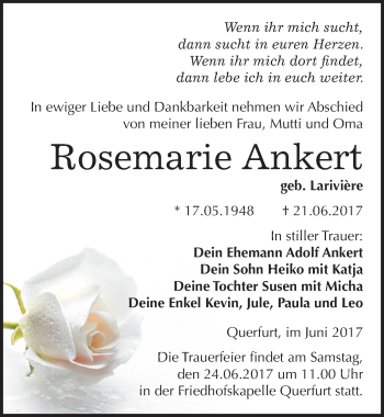 Traueranzeige von Rosemarie Ankert von Mitteldeutsche Zeitung Merseburg/Querfurt