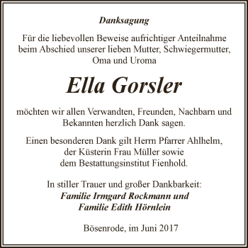 Traueranzeige von Ella Gorsler von Super Sonntag SGH Mansf. Land