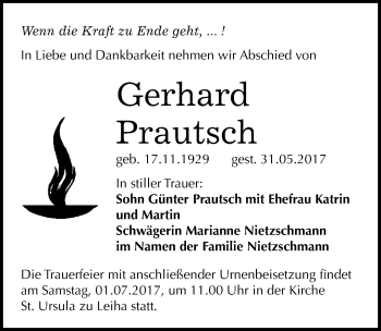 Traueranzeige von Gerhard Prautsch von Mitteldeutsche Zeitung Merseburg/Querfurt