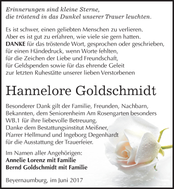 Traueranzeige von Hannelore Goldschmidt von Mitteldeutsche Zeitung Sangerhausen