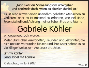 Traueranzeige von Gabriele Köhler von Mitteldeutsche Zeitung Zeitz