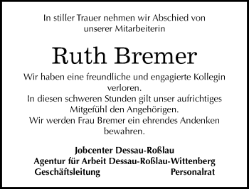 Traueranzeige von Ruth Bremer von Mitteldeutsche Zeitung Dessau-Roßlau