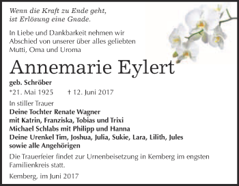 Traueranzeige von Annemarie Eylert von Super Sonntag Wittenberg