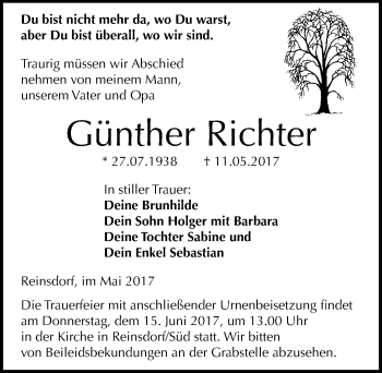 Traueranzeige von Günther Richter von Mitteldeutsche Zeitung Wittenberg