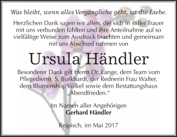 Traueranzeige von Ursula Händler von WVG - Wochenspiegel Merseburg