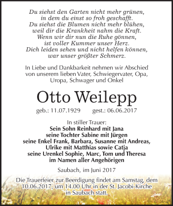 Traueranzeige von Otto Weilepp von Mitteldeutsche Zeitung Naumburg/Nebra