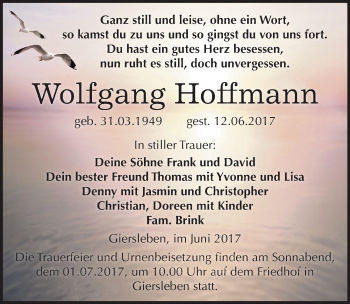 Traueranzeige von Wolfgang Hoffmann von Mitteldeutsche Zeitung Aschersleben