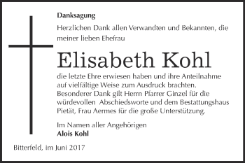 Traueranzeige von Elisabeth Kohl von WVG - Wochenspiegel Bitterfeld