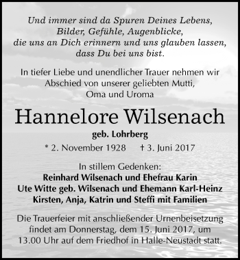 Traueranzeige von Hannelore Wilsenach von Mitteldeutsche Zeitung Halle/Saalkreis