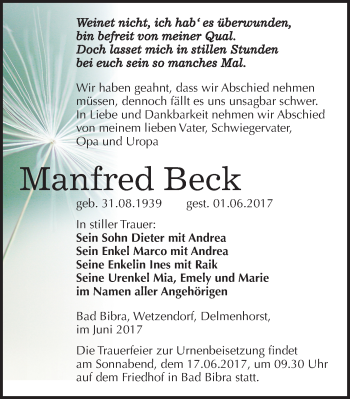 Traueranzeige von Manfred Beck von Mitteldeutsche Zeitung Naumburg/Nebra