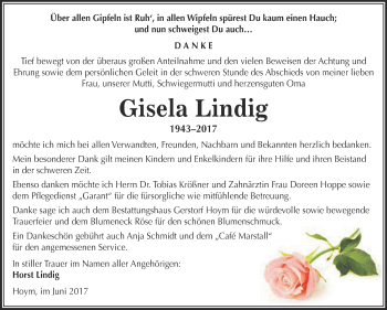 Traueranzeige von Gisela Lindig von Super Sonntag Aschersleben