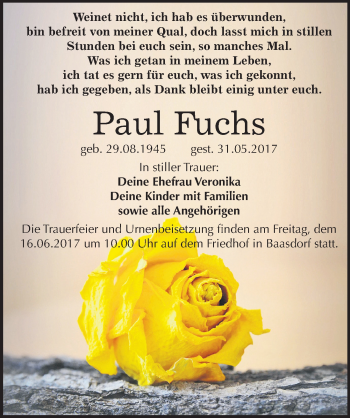 Traueranzeige von Paul Fuchs von Mitteldeutsche Zeitung Köthen