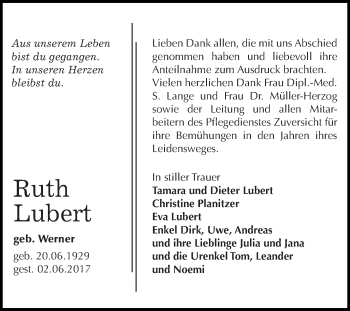 Traueranzeige von Ruth Lubert von WVG - Wochenspiegel Dessau / Köthen