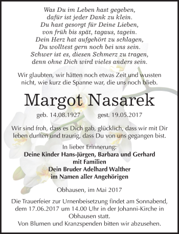 Traueranzeige von Margot Nasarek von Mitteldeutsche Zeitung Merseburg/Querfurt